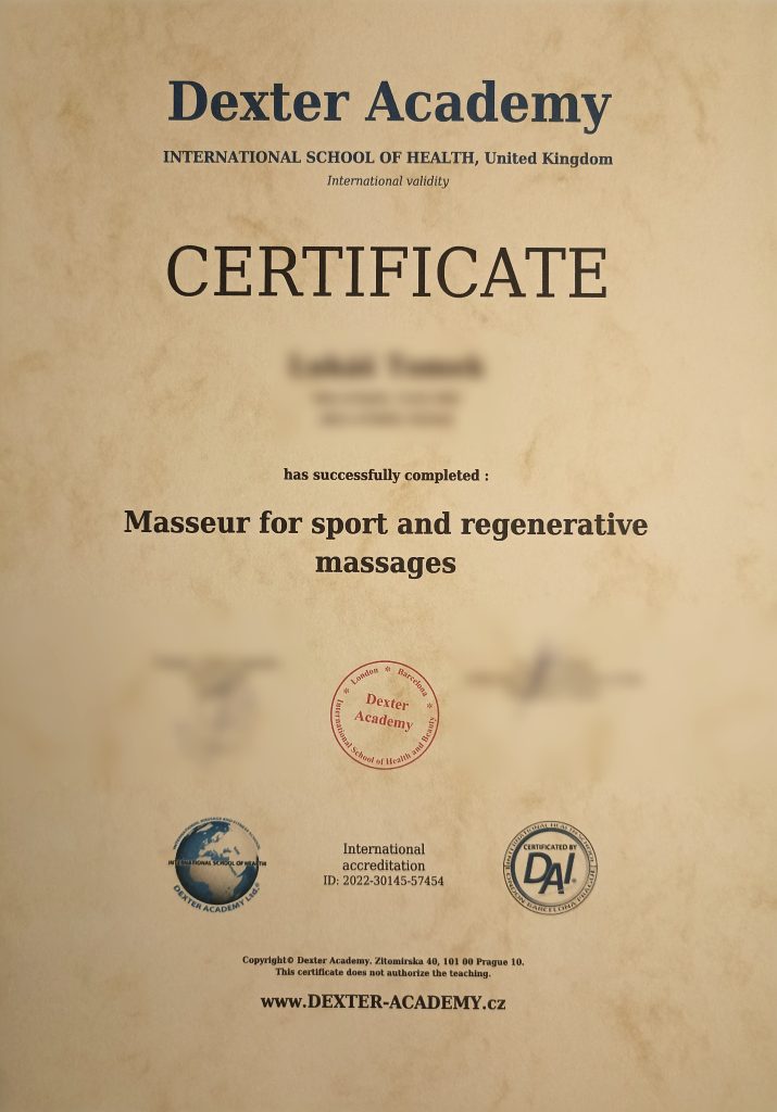 Online masérský kurz Dexter - certifikát z kurzu