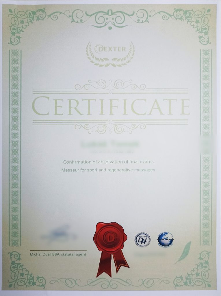 Online masérský kurz Dexter - certifikát ze zkoušky