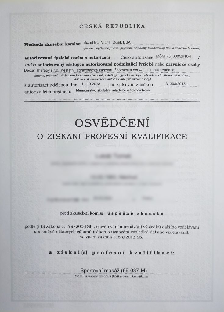 Online masérský kurz Dexter - osvědčení